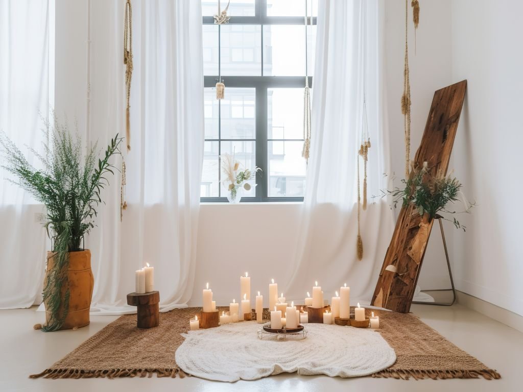 Window ledge filled with candles glowing at dusk.