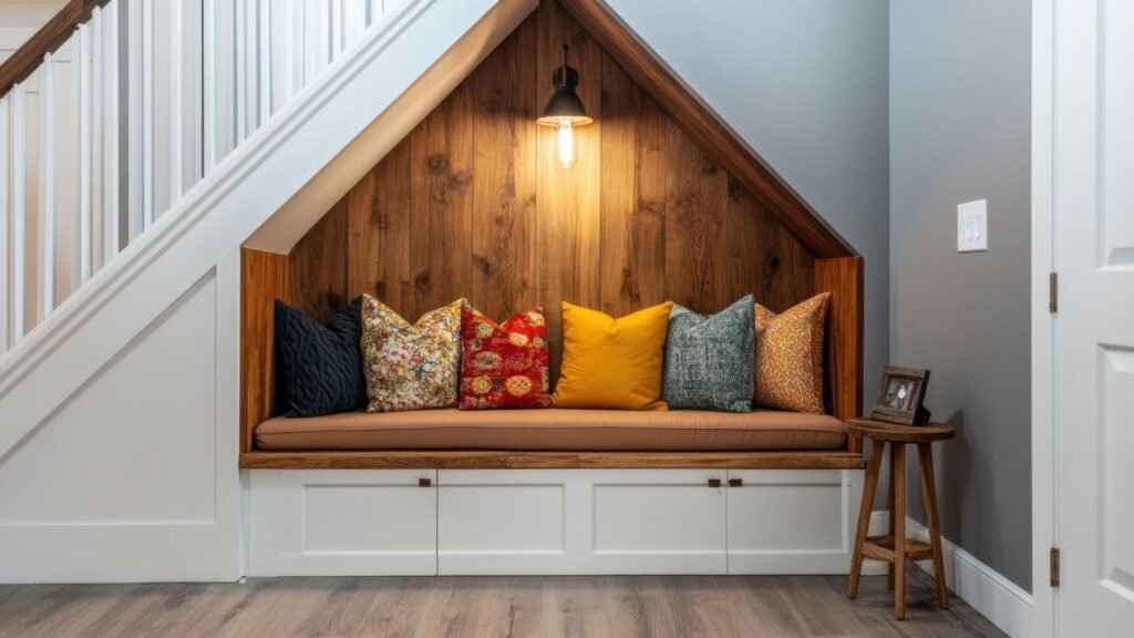 Built-in bench under stairs with warm lighting.