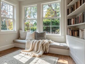 Window seat with built-in shelves and soft textiles.