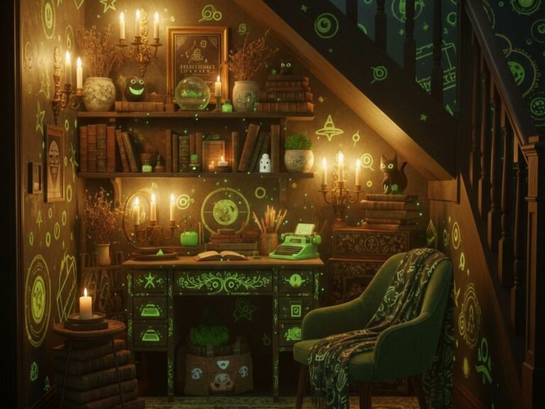 Halloween under-stair ritual nook with glowing green decor