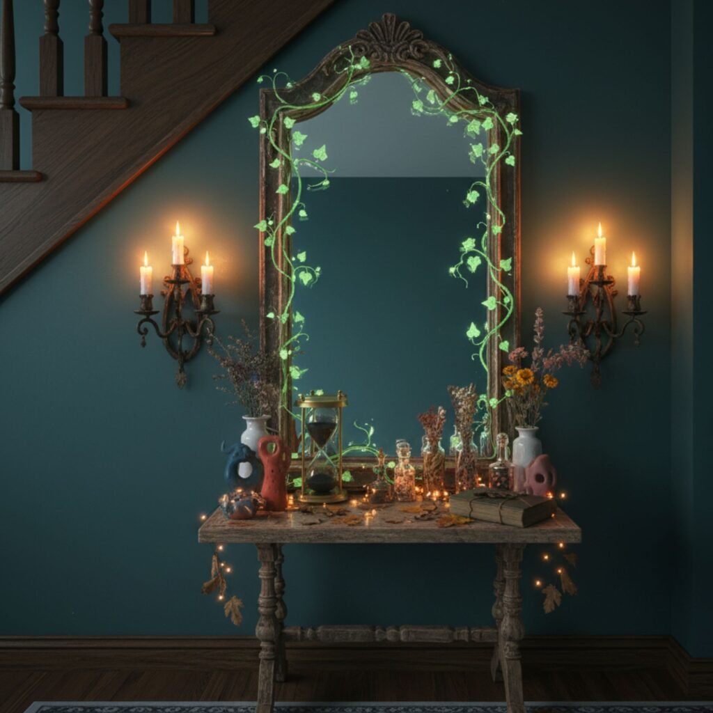 Under-stair vanity decorated with glowing lights and Halloween decor