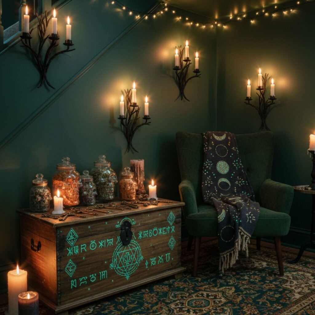Candlelit alcove with glowing runes and dark green decor