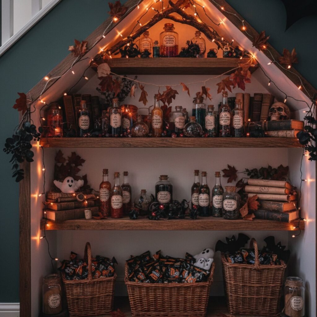Under-stair potion shelf with fairy lights and autumn garland