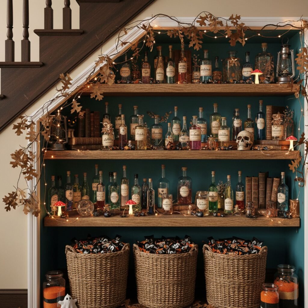 Under-stair shelves filled with potion bottles and wicker baskets