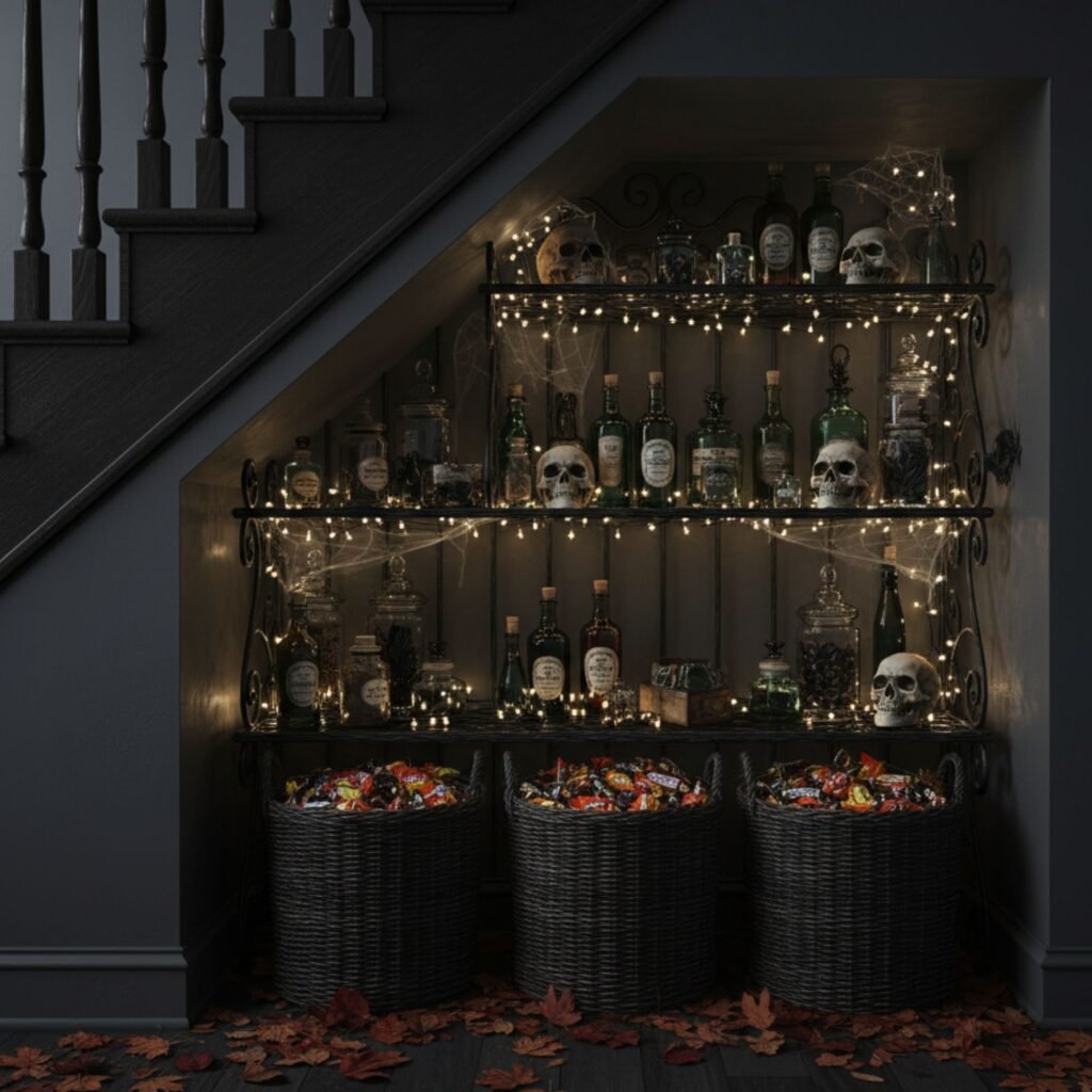 Under-stair storage decorated in moody dark academia style