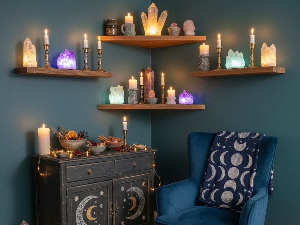 Under-stair nook with glowing crystals and candles