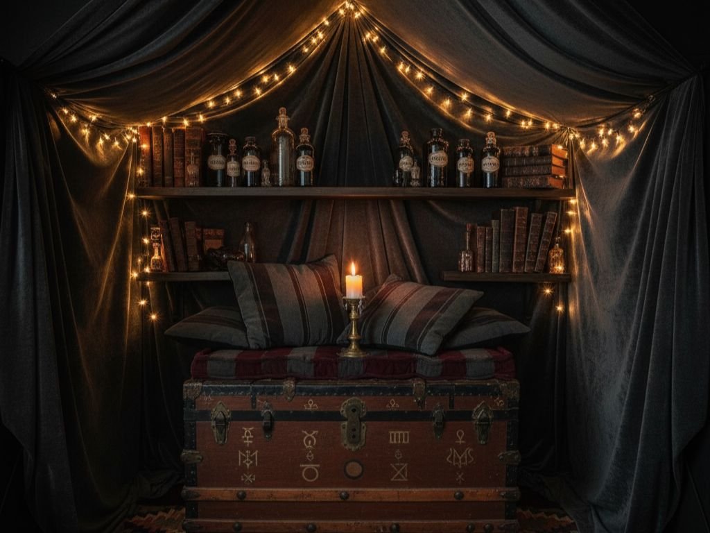 Halloween ritual space with vintage trunk and glowing candles