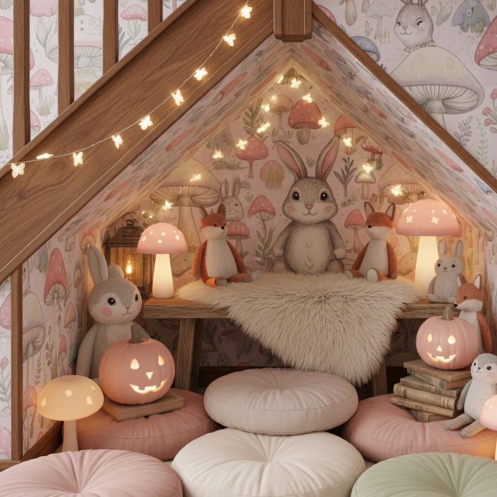 Under-stair seating nook with plush cushions and woodland accents