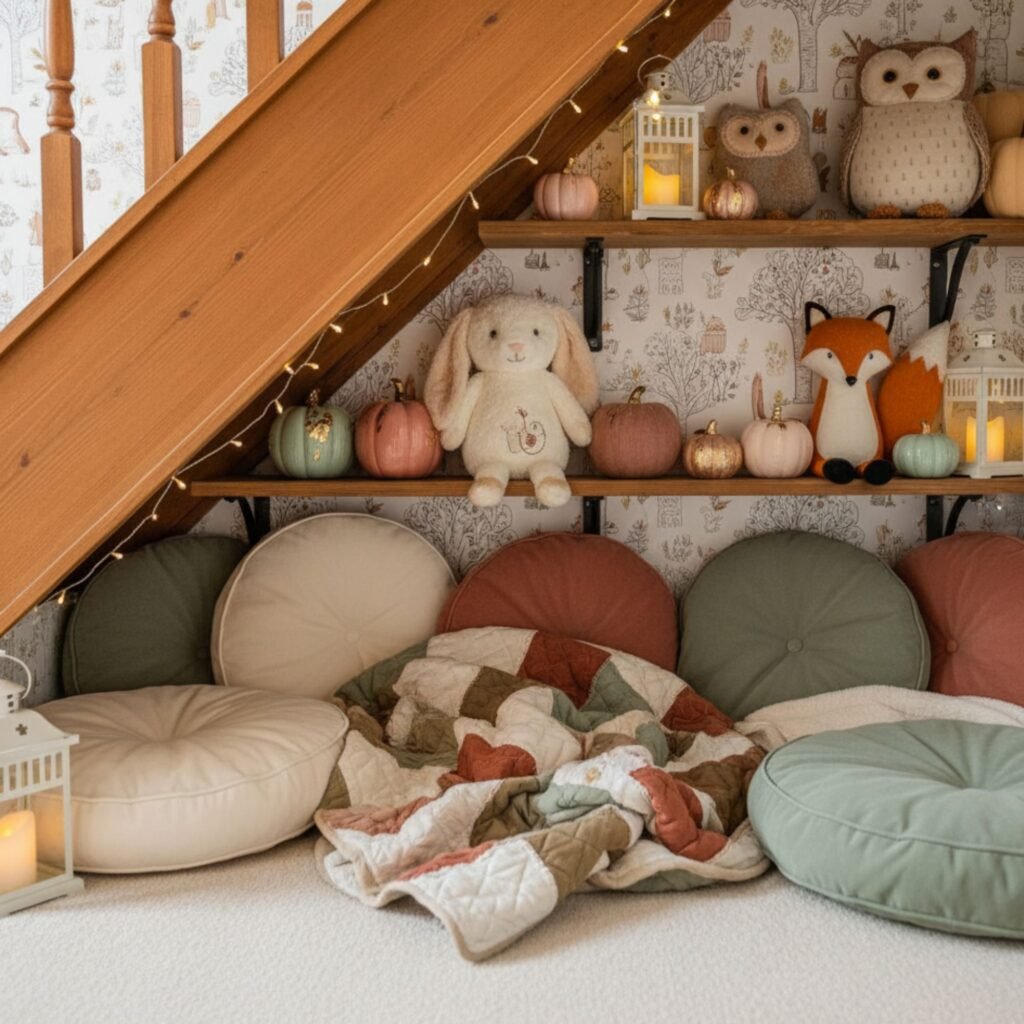 Seating nook with round cushions, pumpkins, and owls