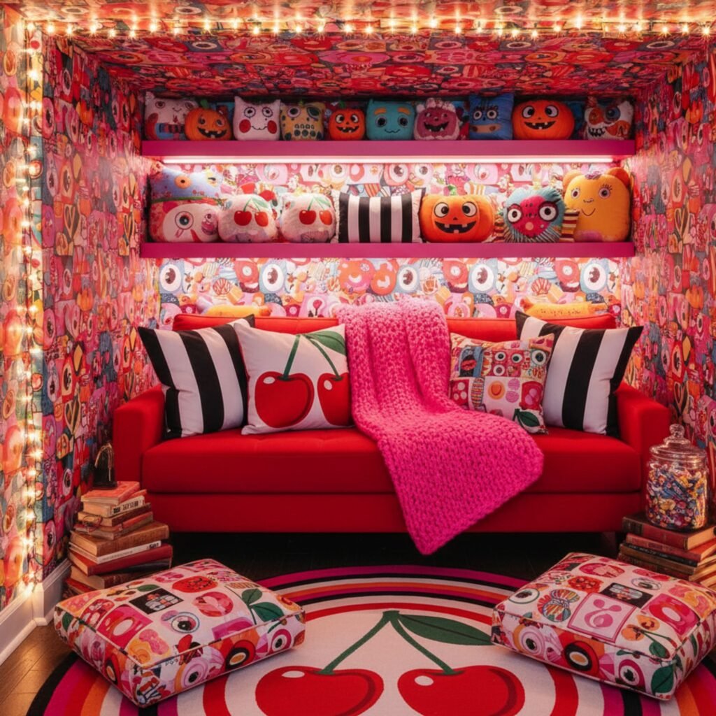 Under-stair seating nook with bold patterns and pink Halloween accents