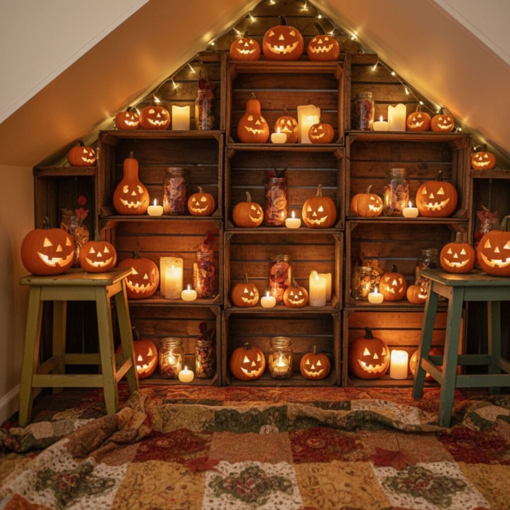 Shelves filled with glowing jack-o’-lantern pumpkins under the stairs